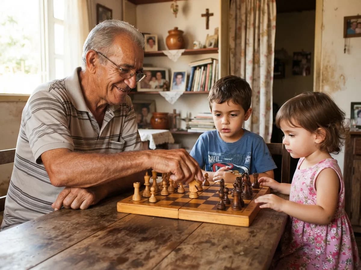 Avô e netos compartilhando uma memória em família